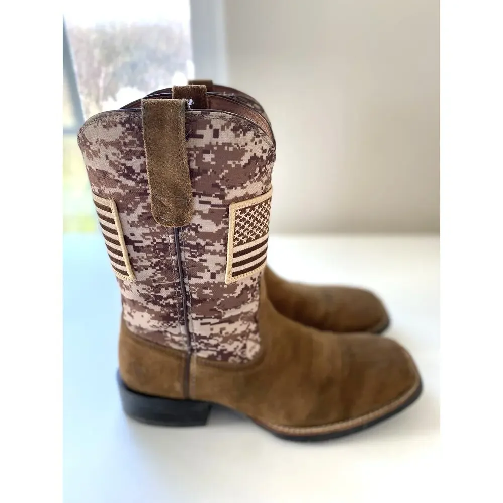 Ariat Men's Sport Patriot Mocha Suede & Sand Camo American Flag Western Boots 8D